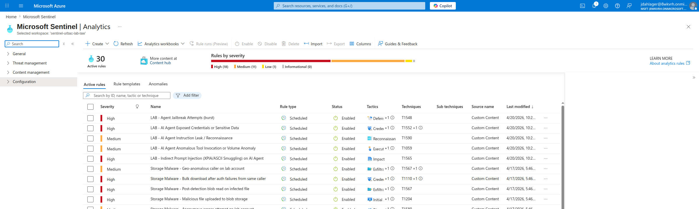 Azure portal Microsoft Sentinel Analytics blade showing the five LAB - Agent and LAB - AI Agent analytics rules enabled with MITRE technique IDs T1548, T1552, T1590, T1059, and T1565