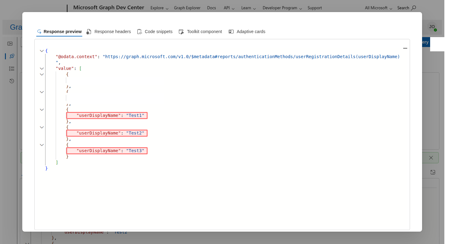 Graph Explorer showing MFA registration report with three accounts that have no MFA methods registered, highlighted in red