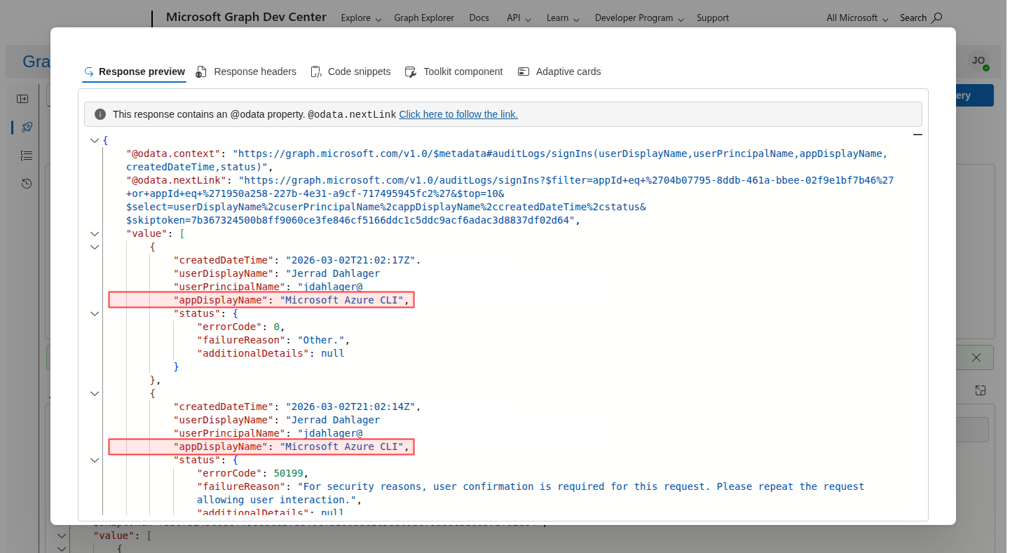 Graph Explorer showing sign-in log query results filtered by Azure CLI and Azure PowerShell app IDs, with appDisplayName fields highlighted in red