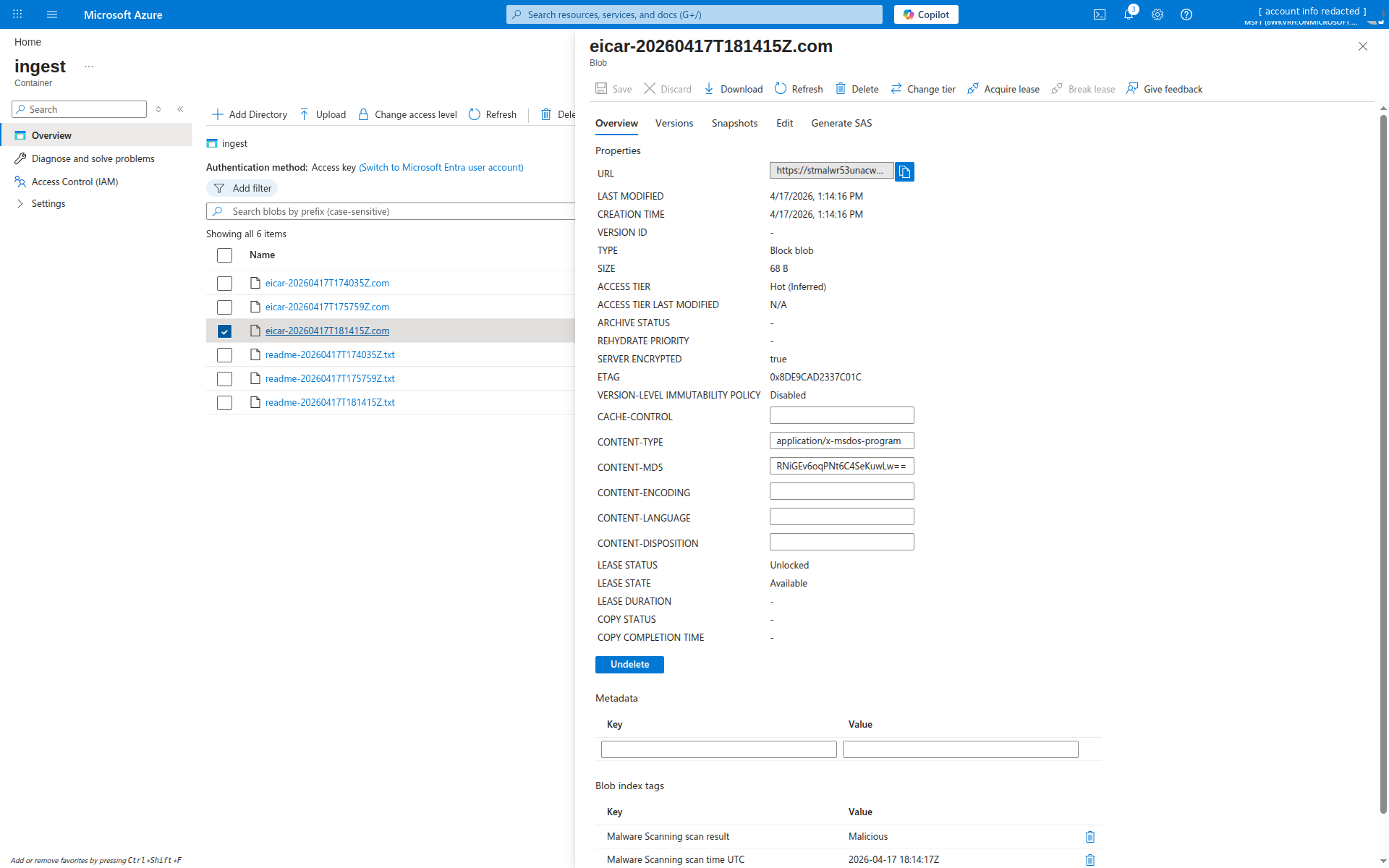 Azure portal screenshot of the eicar-20260417T181415Z.com blob detail page in the ingest container of storage account stmalwr53unacwptv5r. The Blob index tags section at the bottom clearly shows two entries written by Defender for Storage: 'Malware Scanning scan result' = 'Malicious', and 'Malware Scanning scan time UTC' = '2026-04-17 18:14:17Z'. The blob is 68 bytes, content-type application/x-msdos-program, unlocked lease.