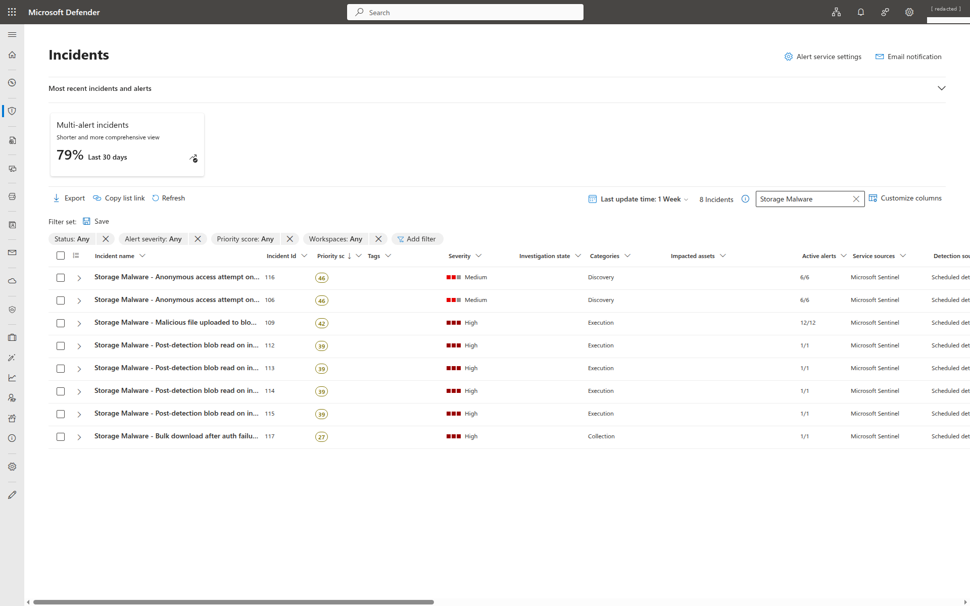 Microsoft Defender XDR Incidents page filtered to 'Storage Malware'. The Incidents counter reads 8 Incidents. The list shows eight rows, each prefixed 'Storage Malware -': two 'Anonymous access attempt on lab account' incidents (IDs 116 and 106, Medium, Discovery category, each with 6/6 active alerts), one 'Malicious file uploaded to blob storage' incident (ID 109, High, Execution category, 12/12 active alerts), four 'Post-detection blob read on infected file' incidents (IDs 112, 113, 114, 115, High, Execution category, each 1/1 active alerts), and one 'Bulk download after auth failures from same caller' incident (ID 117, High, Collection category, 1/1 active alerts). Service source for every row is Microsoft Sentinel.