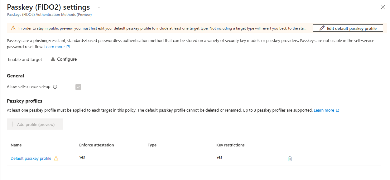 Entra portal showing configured passkey profiles with different types and attestation settings per group