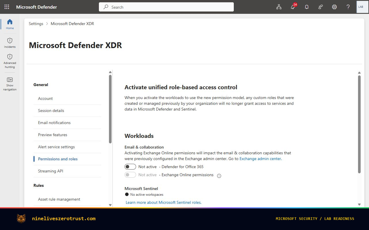 Unified-RBAC workload settings show no active Sentinel workspaces in that permission model. This is different from whether a workspace is onboarded to Defender, and is not a proven cause of the missing generator menu.