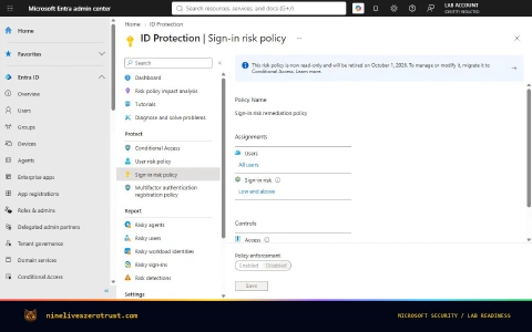 The legacy sign-in-risk policy shows the same retirement notice and Disabled state. It was inspected separately from the Conditional Access inventory.