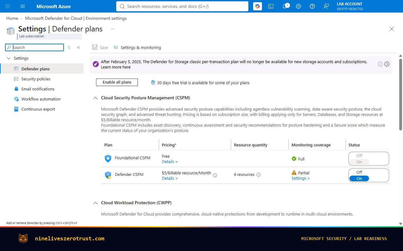 Foundational CSPM shown as Free and On, separately from Defender CSPM
