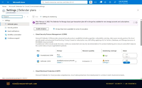 Foundational CSPM shown as Free and On, separately from Defender CSPM