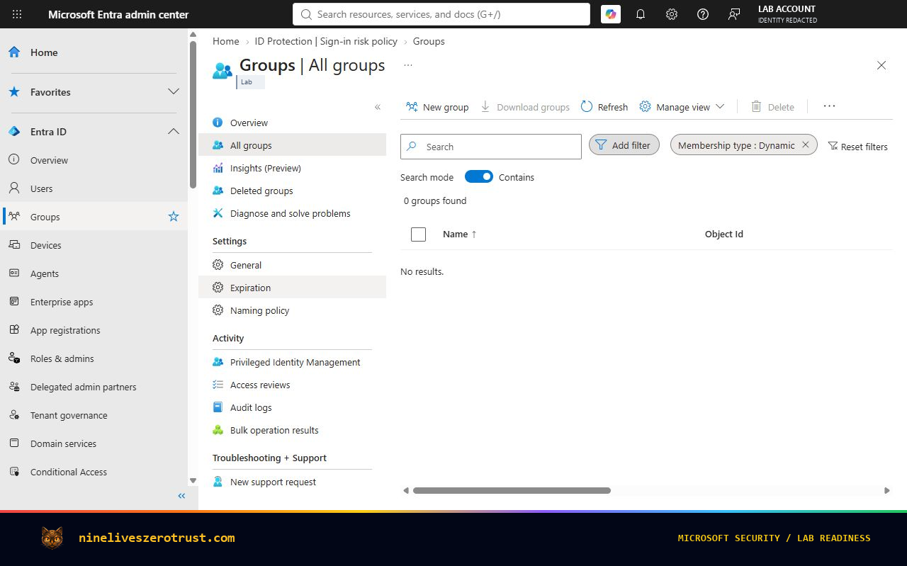 The Dynamic membership filter returns zero groups. Separate completed Graph reads covered administrative units and access-package assignment policies.