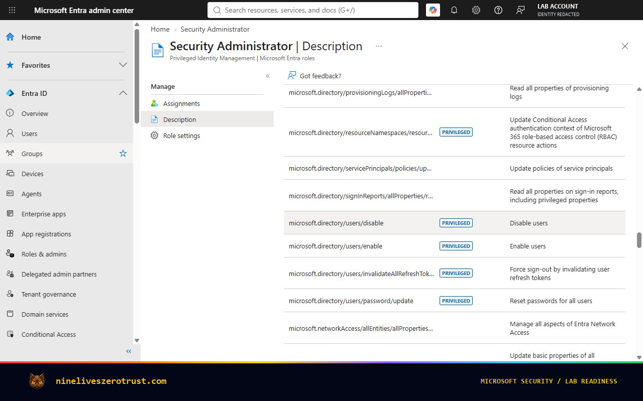 The current Security Administrator definition contains the four response actions. Its broad display labels must be read alongside target restrictions and the measured results.
