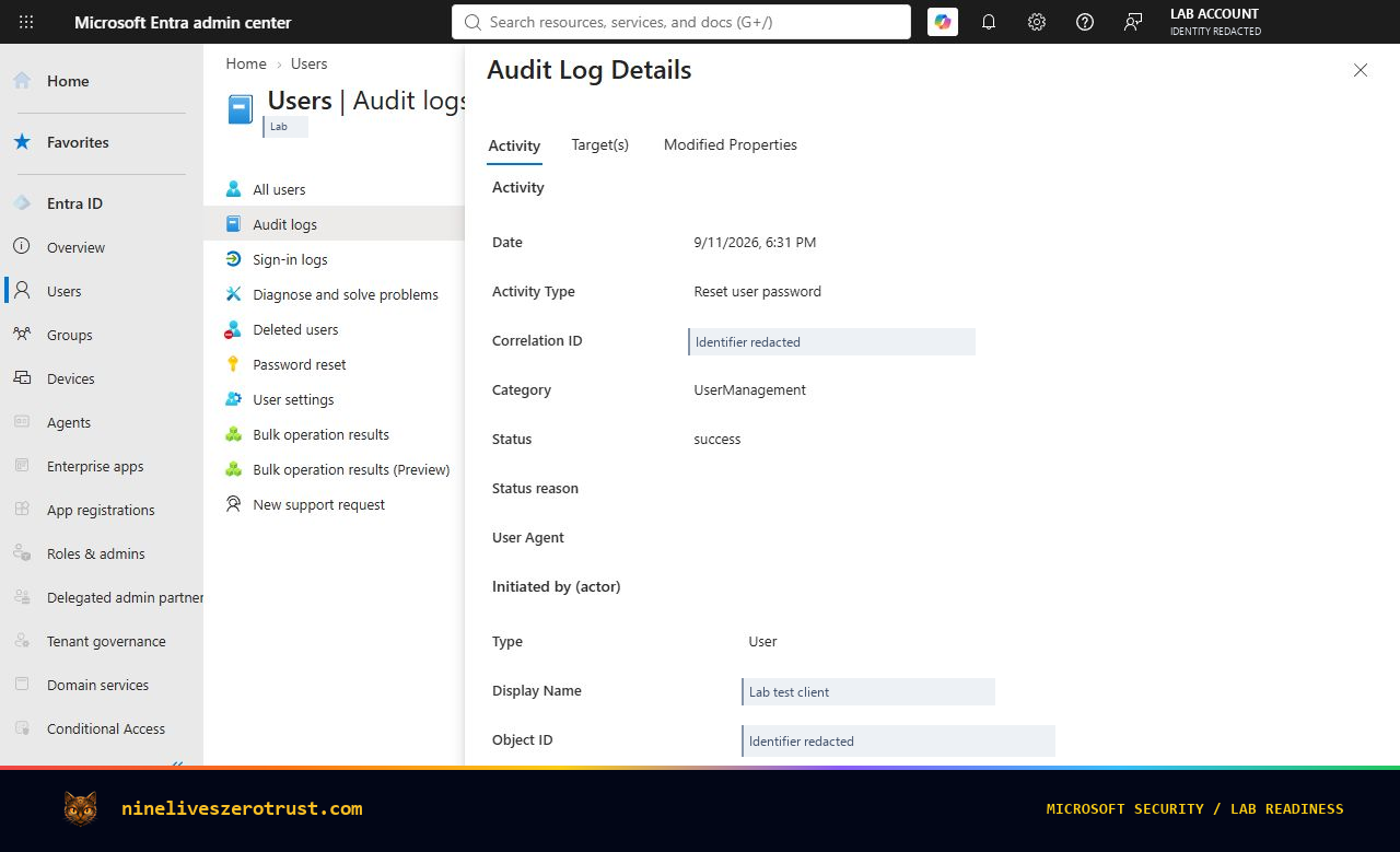 Password-reset audit showing a successful event and User actor type