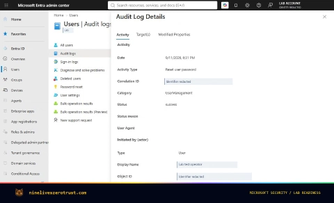 Password-reset audit showing a successful event and User actor type