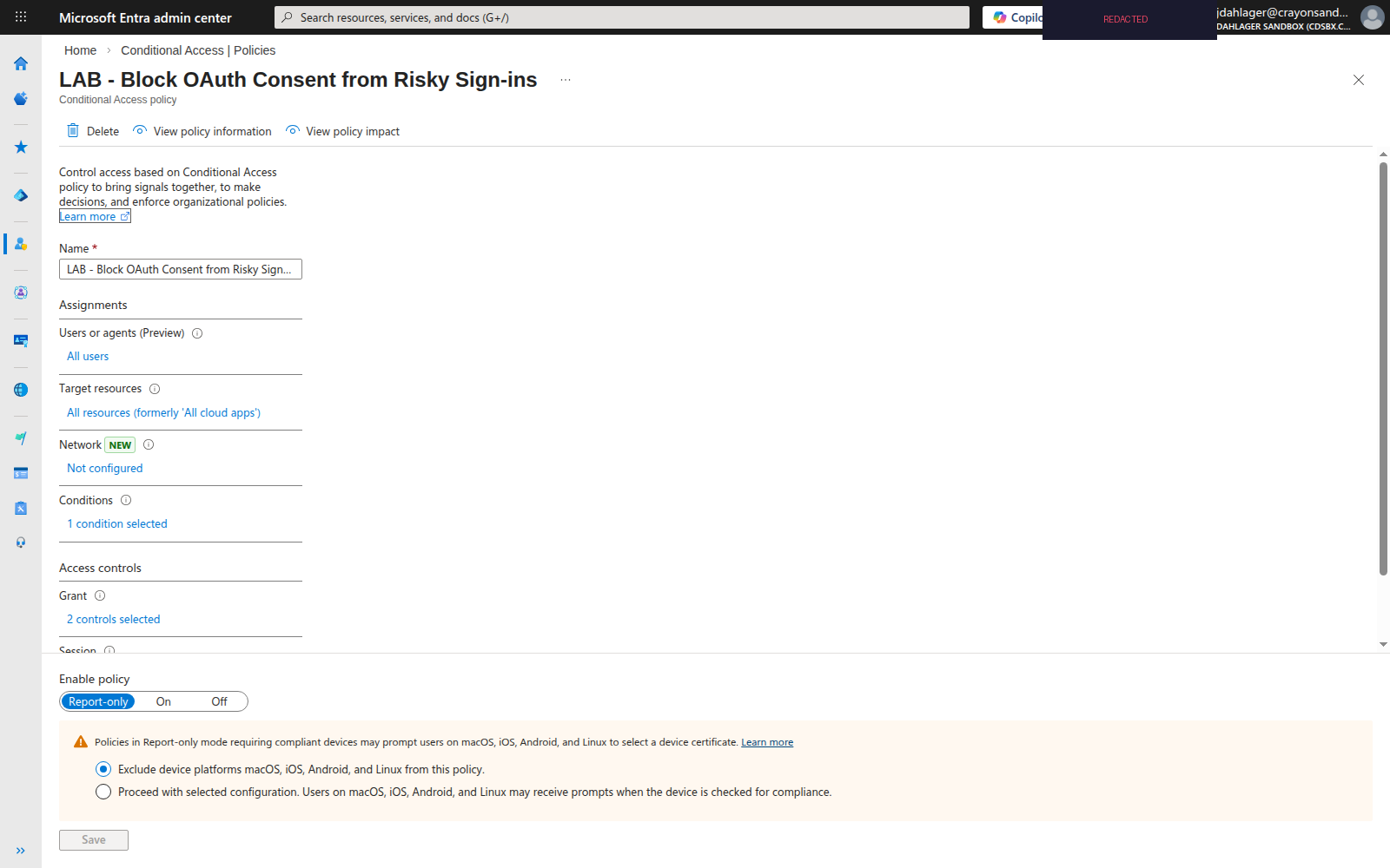 Entra admin center showing Conditional Access policies including the OAuth consent protection policy
