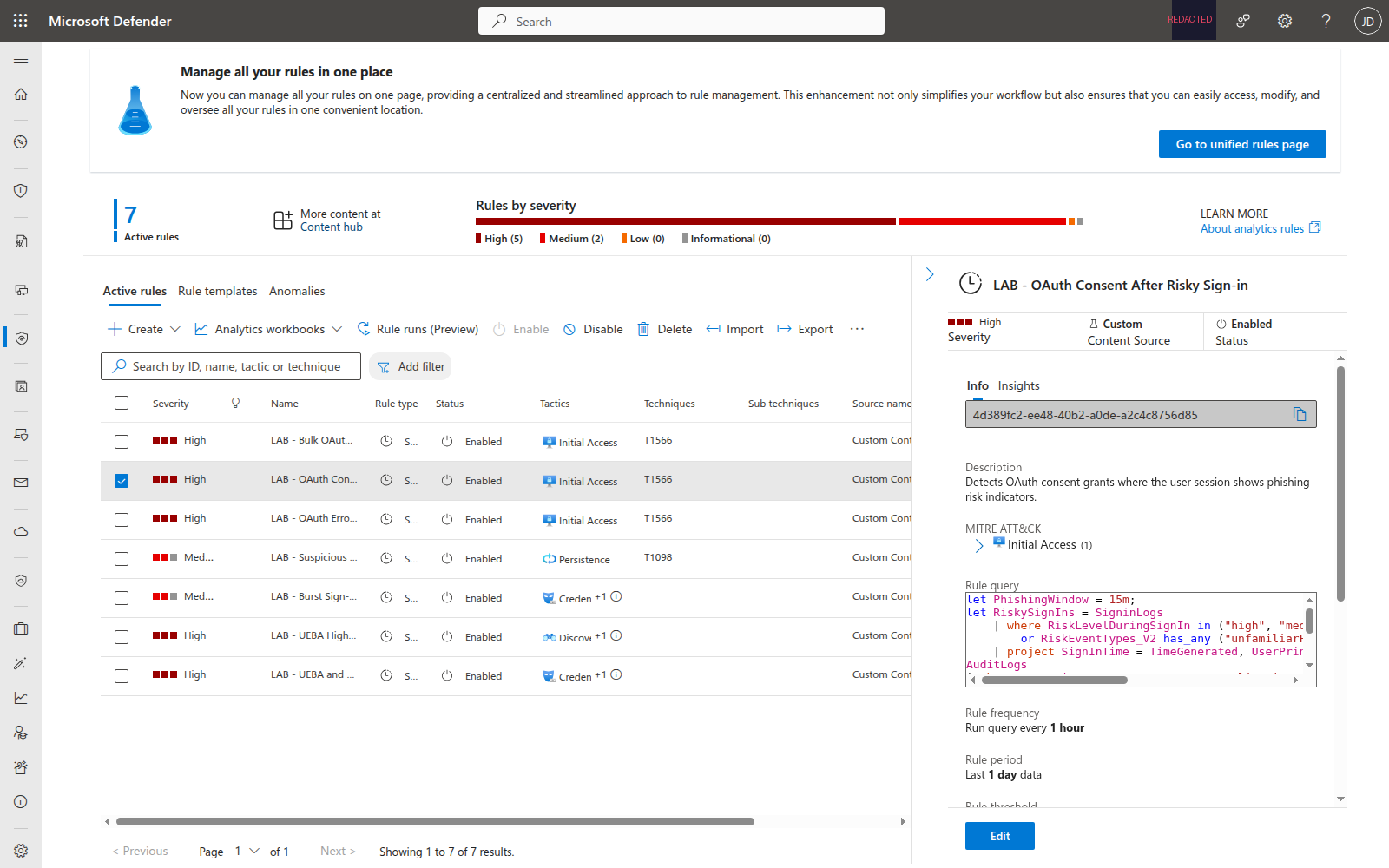 Microsoft Sentinel Analytics page showing 4 LAB OAuth redirect abuse detection rules