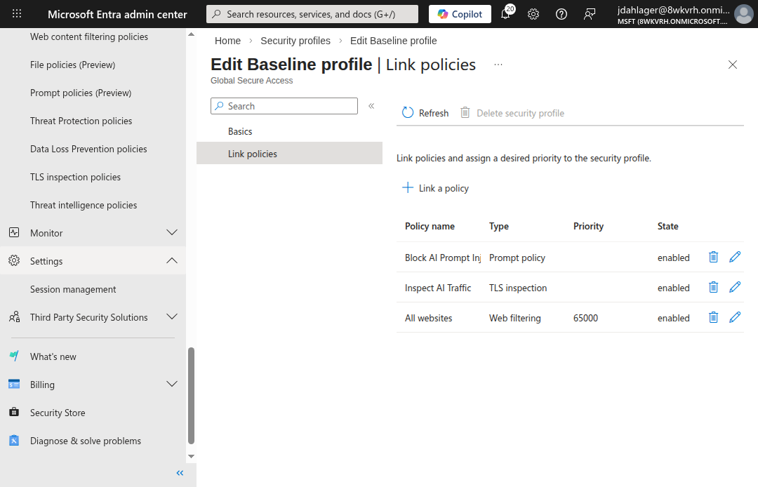 Baseline profile showing three linked policies: Block AI Prompt Injection, Inspect AI Traffic, and All websites