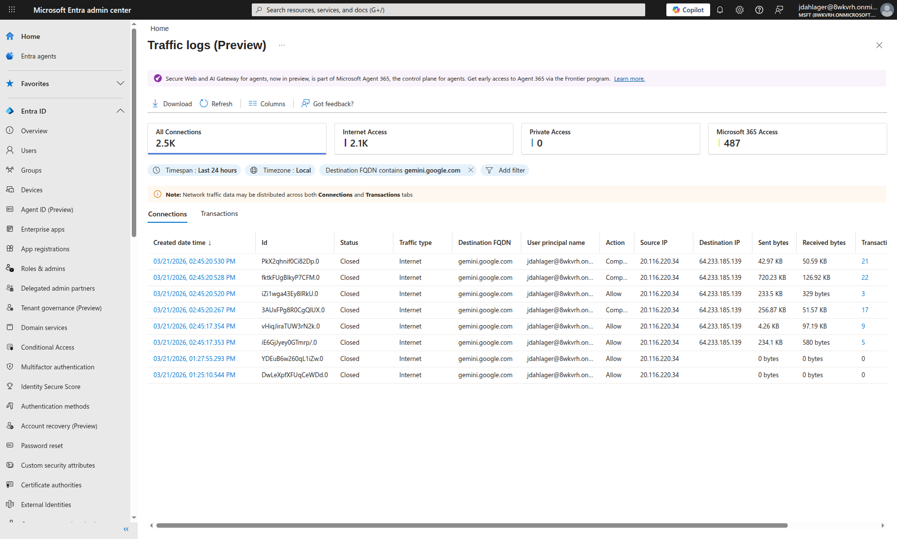 Traffic logs filtered for gemini.google.com showing Composite action with blocked transaction counts alongside Allow entries with zero blocks