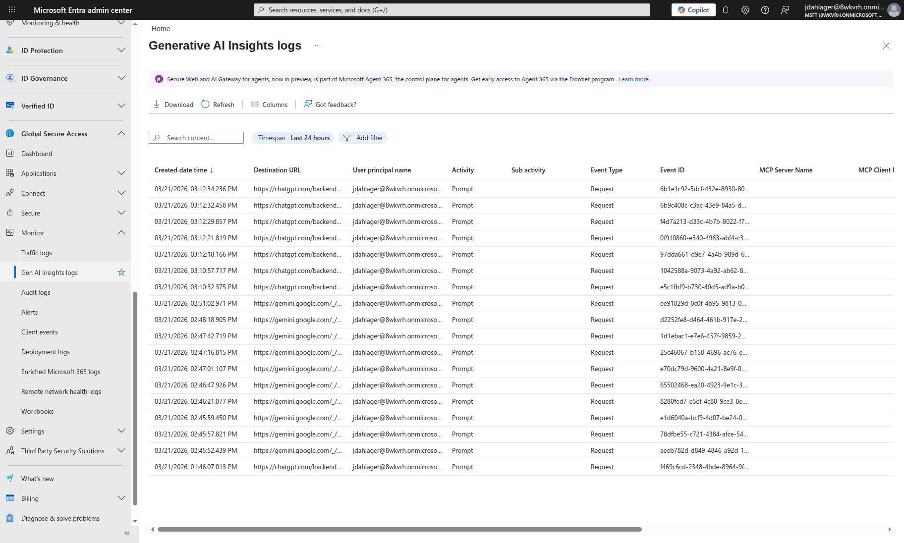 Generative AI Insights logs showing 17 prompt requests captured across ChatGPT and Gemini with user identity and transaction IDs