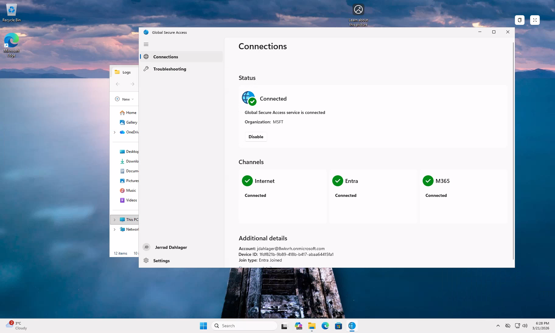 Global Secure Access client showing Connected status with Internet, Entra, and M365 channels all green