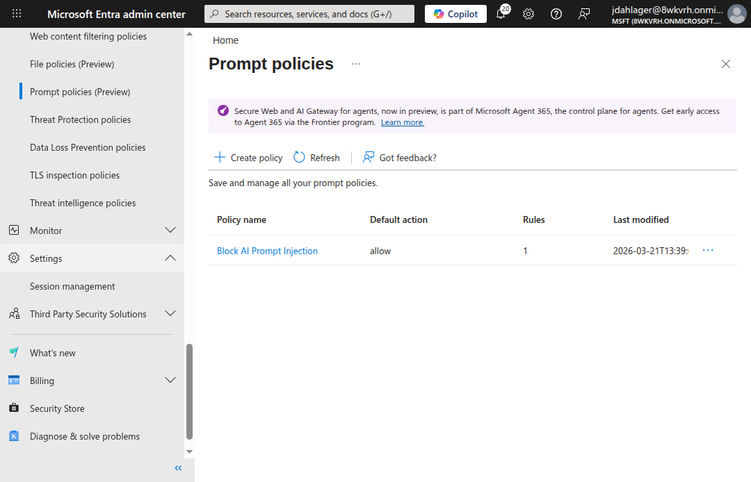 Prompt policies page showing Block AI Prompt Injection policy with allow default action