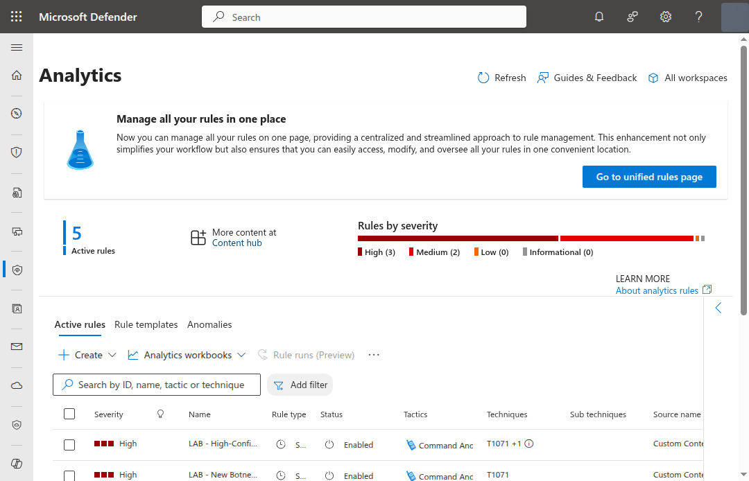 Microsoft Defender portal Analytics page showing 5 Active rules with severity bar (3 High, 2 Medium), the Active rules tab selected, and the rules grid with LAB rules visible