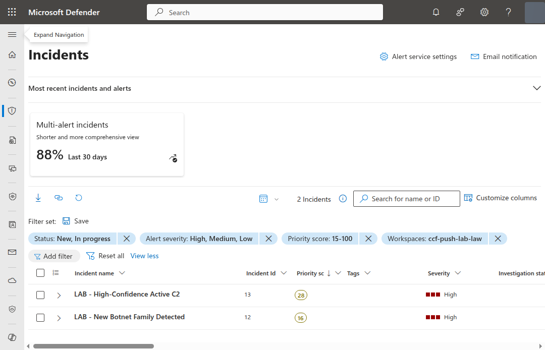 Microsoft Defender portal Incidents page showing 2 High-severity incidents โ LAB - High-Confidence Active C2 (priority 28) and LAB - New Botnet Family Detected (priority 16) โ with alerts from Microsoft Sentinel scheduled detections