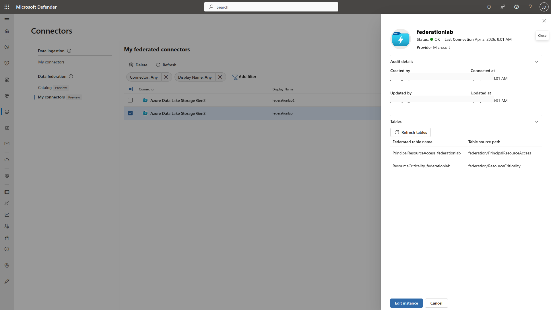 Microsoft Defender portal showing the Data federation connectors page with the Azure Data Lake Storage Gen2 connector instance, status OK, and two federated tables attached