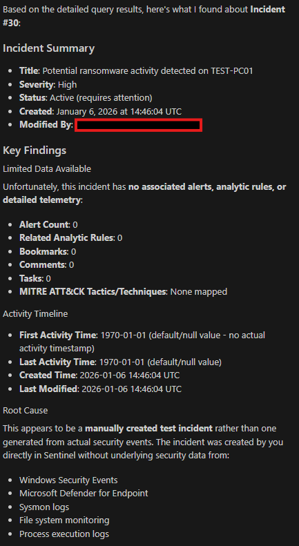 MCP incident investigation showing detailed analysis