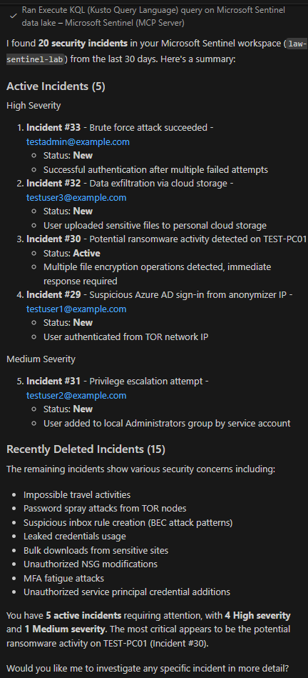 Query results showing security incidents