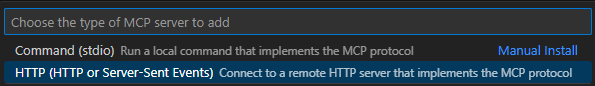 Selecting HTTP transport type in VS Code